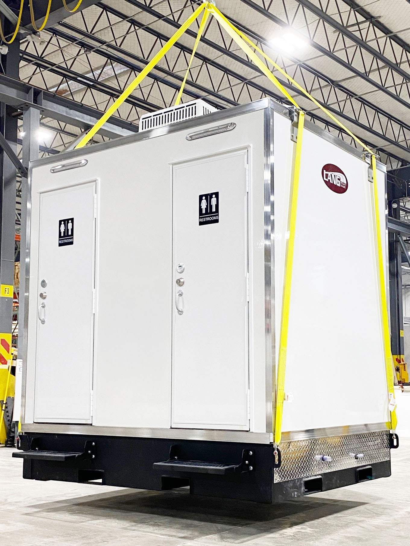 Restroom trailer for disaster relief staging area